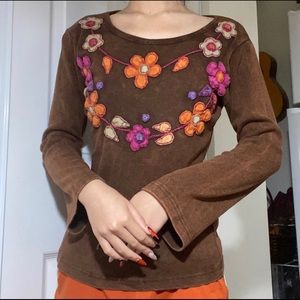 brown faded pink/orange/purple flowers scoop neck bell sleeves top y2k vintage